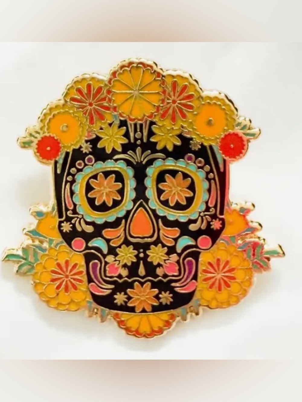Colorful Day of the Dead Sugar Skull Loungefly Pin - Black & Yellow